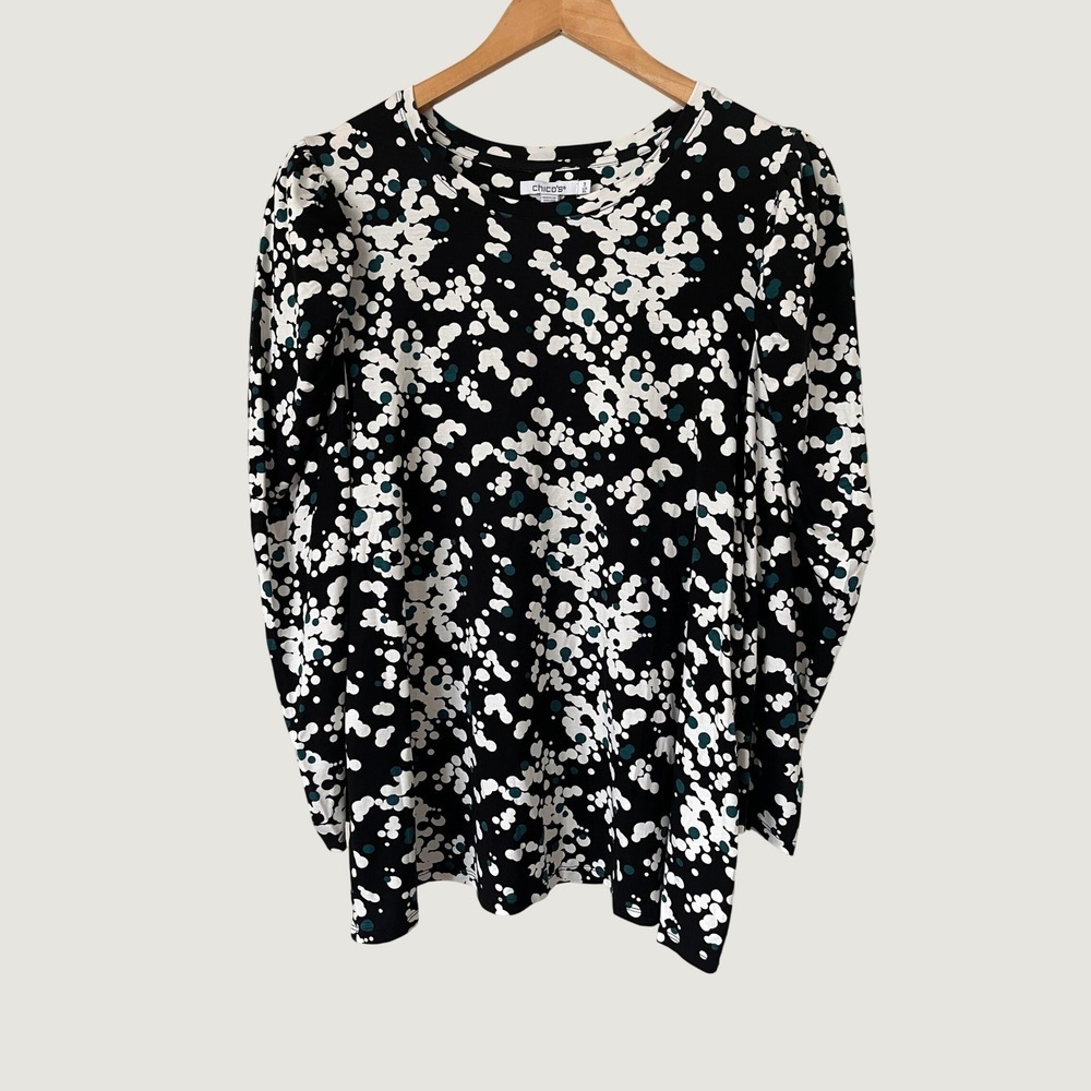 Chicos Touch of Cool Dot Romance 3/4 Sleeve Tee Black Teal White Size 3 XL NEW